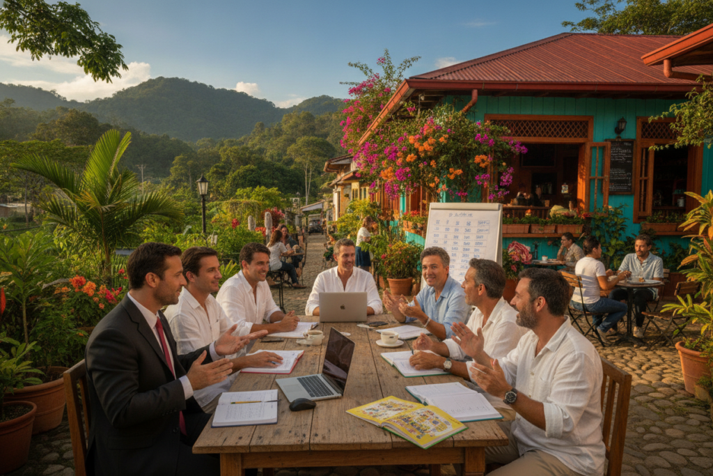 A vibrant, photorealistic scene depicting a bustling Costa Rican neighborhood, showcasing diverse residents engaging in conversation while learning Spanish. In the foreground, a group of adults in professional business attire and modest casual clothing are seated at a table, practicing language skills with Spanish textbooks and laptops open. The middle ground features a quaint café with colorful decor, inviting outdoor seating, and local flora such as tropical plants and bright flowers. The background reveals lush green hills under a clear blue sky, embodying the beauty of Costa Rica's nature. Soft, natural sunlight casts a warm glow over the scene, creating an inviting atmosphere that emphasizes community and the joy of learning.