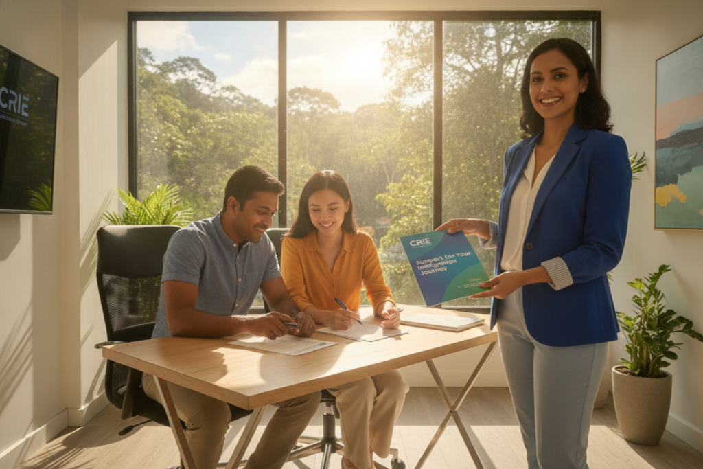 A vibrant, photorealistic scene depicting a diverse group of individuals in a bright, welcoming office setting representing CRIE, the Costa Rican Immigration Services. In the foreground, a friendly consultant, dressed in smart casual attire, gestures warmly towards a colorful brochure titled "Support for Your Immigration Journey." In the middle, a couple of engaged clients of various ethnic backgrounds are seated at a sleek, modern desk, reviewing documents and discussing their options with enthusiasm. The background features a large window showcasing lush Costa Rican greenery, with soft, natural light streaming in, creating an uplifting atmosphere. The overall mood is one of hope and support, inviting viewers to explore their immigration possibilities in Costa Rica. A vibrant, photorealistic scene depicting a diverse group of individuals in a bright, welcoming office setting representing CRIE, the Costa Rican Immigration Services. In the foreground, a friendly consultant, dressed in smart casual attire, gestures warmly towards a colorful brochure titled "Support for Your Immigration Journey." In the middle, a couple of engaged clients of various ethnic backgrounds are seated at a sleek, modern desk, reviewing documents and discussing their options with enthusiasm. The background features a large window showcasing lush Costa Rican greenery, with soft, natural light streaming in, creating an uplifting atmosphere. The overall mood is one of hope and support, inviting viewers to explore their immigration possibilities in Costa Rica.