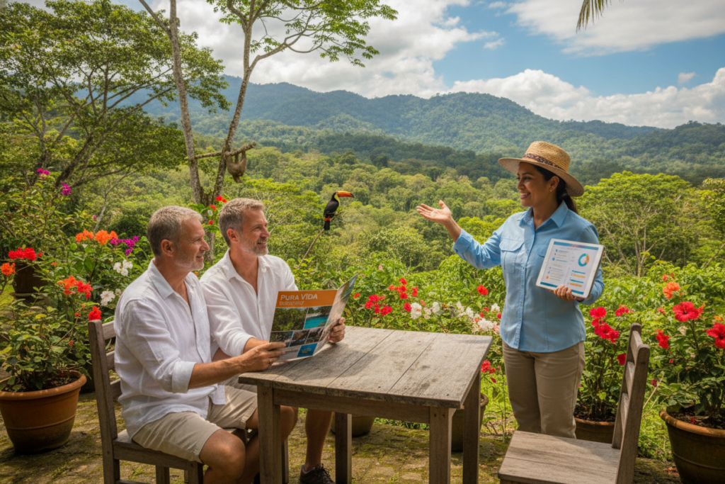 A vibrant, photorealistic scene depicting a tranquil Costa Rican landscape where individuals are exploring residency options. In the foreground, a casually dressed couple studies a colorful pamphlet about residency programs while sitting at a rustic outdoor café surrounded by lush greenery and tropical flowers. In the middle, a friendly local advisor gestures as they explain the eligibility criteria, showcasing enthusiasm and warmth. The background features iconic Costa Rican scenery – rolling hills, a clear blue sky, and hints of native wildlife such as toucans or sloths peeking through the foliage. Ambient, natural lighting bathes the scene, creating a welcoming and hopeful atmosphere, representing the possibilities of retirement in Costa Rica. A vibrant, photorealistic scene depicting a tranquil Costa Rican landscape where individuals are exploring residency options. In the foreground, a casually dressed couple studies a colorful pamphlet about residency programs while sitting at a rustic outdoor café surrounded by lush greenery and tropical flowers. In the middle, a friendly local advisor gestures as they explain the eligibility criteria, showcasing enthusiasm and warmth. The background features iconic Costa Rican scenery – rolling hills, a clear blue sky, and hints of native wildlife such as toucans or sloths peeking through the foliage. Ambient, natural lighting bathes the scene, creating a welcoming and hopeful atmosphere, representing the possibilities of retirement in Costa Rica.