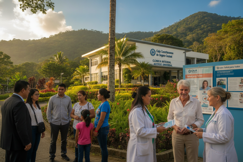 A vibrant, photorealistic scene depicting healthcare access in Costa Rica through the Caja system. In the foreground, a diverse group of residents and expats, dressed in business attire and modest casual clothing, discuss healthcare options in a community clinic. The middle ground features a modern healthcare facility with signs indicating the Caja system, surrounded by greenery typical of Costa Rica. In the background, rolling hills and a clear blue sky enhance the natural beauty of the area. The lighting is warm and natural, with sunlight filtering through the trees, creating a welcoming atmosphere. The composition captures a sense of community, accessibility, and the importance of healthcare infrastructure in Costa Rica. A vibrant, photorealistic scene depicting healthcare access in Costa Rica through the Caja system. In the foreground, a diverse group of residents and expats, dressed in business attire and modest casual clothing, discuss healthcare options in a community clinic. The middle ground features a modern healthcare facility with signs indicating the Caja system, surrounded by greenery typical of Costa Rica. In the background, rolling hills and a clear blue sky enhance the natural beauty of the area. The lighting is warm and natural, with sunlight filtering through the trees, creating a welcoming atmosphere. The composition captures a sense of community, accessibility, and the importance of healthcare infrastructure in Costa Rica.
