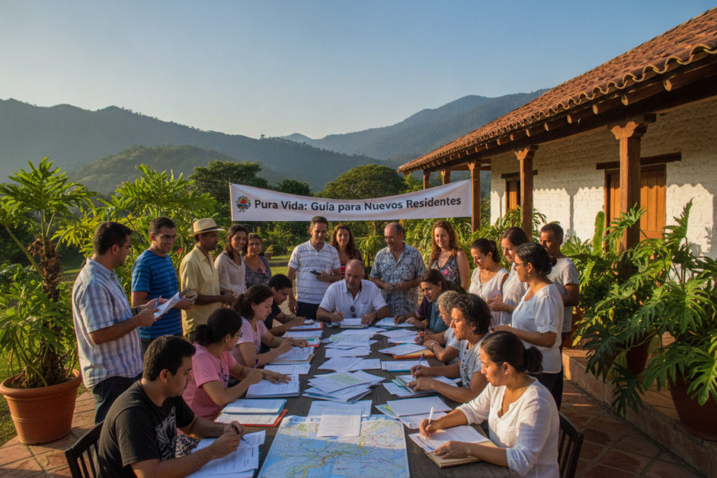 A vibrant, photorealistic scene depicting practical guidance for new residents in Costa Rica. In the foreground, a diverse group of casually dressed individuals gather around a table filled with residency paperwork and local maps, exuding a friendly and welcoming atmosphere. In the middle ground, lush tropical plants and the iconic silhouette of a traditional Costa Rican house create a sense of place. The background features a clear blue sky and distant green mountains, bathed in warm, natural sunlight that enhances the inviting mood. Capture the essence of community support and ease of transition for newcomers, focusing on a welcoming environment. Utilize a wide-angle lens to emphasize the friendliness and openness of this Costa Rican setting.