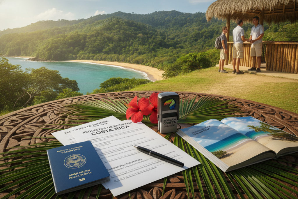 A vibrant, photorealistic scene depicting the Costa Rica visa entry requirements. In the foreground, a detailed wooden table showcases a colorful Costa Rican passport, a stack of visa application forms, and a travel guidebook. To the side, an official-looking stamp and a pen lie among tropical leaves, suggesting the idea of border crossing. The middle ground features a picturesque view of Costa Rica's lush landscape, with rolling green hills and a distant beach under a clear blue sky. In the background, an open-air immigration checkpoint is seen, with a friendly immigration officer in casual attire assisting travelers. The warm, natural light creates a welcoming atmosphere, highlighting the beauty and ease of navigation through visa processes in Costa Rica.