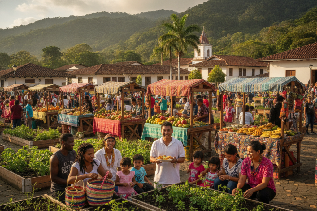 A vibrant, photorealistic scene depicting the economic and social impact of immigration in Costa Rica. In the foreground, a diverse group of immigrants of various ethnic backgrounds, casually dressed, engage in community activities, showcasing interaction and collaboration. The middle ground features a bustling local market, with colorful stalls displaying fresh produce, handmade crafts, and traditional foods, reflecting cultural diversity. In the background, lush green hills and iconic Costa Rican architecture illustrate the country's natural beauty. The lighting is warm and natural, casting soft shadows, creating a welcoming atmosphere. The overall mood is one of community, inclusion, and economic interaction, portraying the positive impact of immigration on Costa Rican society.