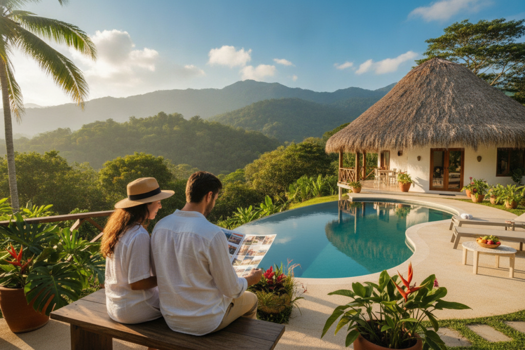 A vibrant photorealistic scene depicting the essence of residency, property, and investment in Costa Rica. In the foreground, a casually dressed couple examines a colorful property listing, surrounded by lush greenery and tropical plants. In the middle ground, a charming villa with a thatched roof and an inviting swimming pool represents potential investment opportunities. Behind the villa, the stunning backdrop of Costa Rica's mountains and blue skies enhances the pastoral atmosphere. Natural light bathes the scene, creating warm and inviting shadows. The overall mood conveys optimism and a sense of adventure, embodying the exciting prospect of living and investing in this Central American paradise. No text or branding elements present. A vibrant photorealistic scene depicting the essence of residency, property, and investment in Costa Rica. In the foreground, a casually dressed couple examines a colorful property listing, surrounded by lush greenery and tropical plants. In the middle ground, a charming villa with a thatched roof and an inviting swimming pool represents potential investment opportunities. Behind the villa, the stunning backdrop of Costa Rica's mountains and blue skies enhances the pastoral atmosphere. Natural light bathes the scene, creating warm and inviting shadows. The overall mood conveys optimism and a sense of adventure, embodying the exciting prospect of living and investing in this Central American paradise. No text or branding elements present.