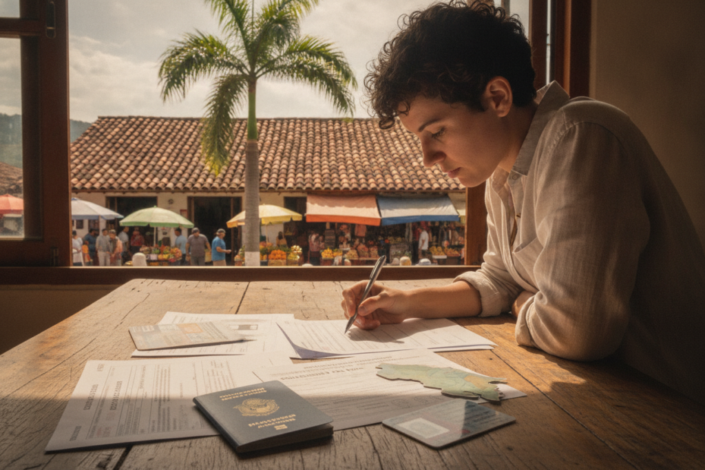 A vibrant, photorealistic scene depicting the essential visa requirements for Costa Rica, set against a backdrop of lush green landscapes and iconic Costa Rican architecture. In the foreground, a neatly arranged collection of essential documents like a passport, visa forms, and identification, all laid out on a wooden table. A subtle mix of natural light streaming through a nearby window highlights the details of the documents. In the middle ground, there is a casually dressed person reviewing the paperwork, appearing focused and engaged, embodying a sense of determination. The background features Costa Rican elements such as palm trees and a glimpse of a vibrant street market, adding to the locale's atmosphere. The mood is encouraging and informative, inviting exploration of the visa process.
