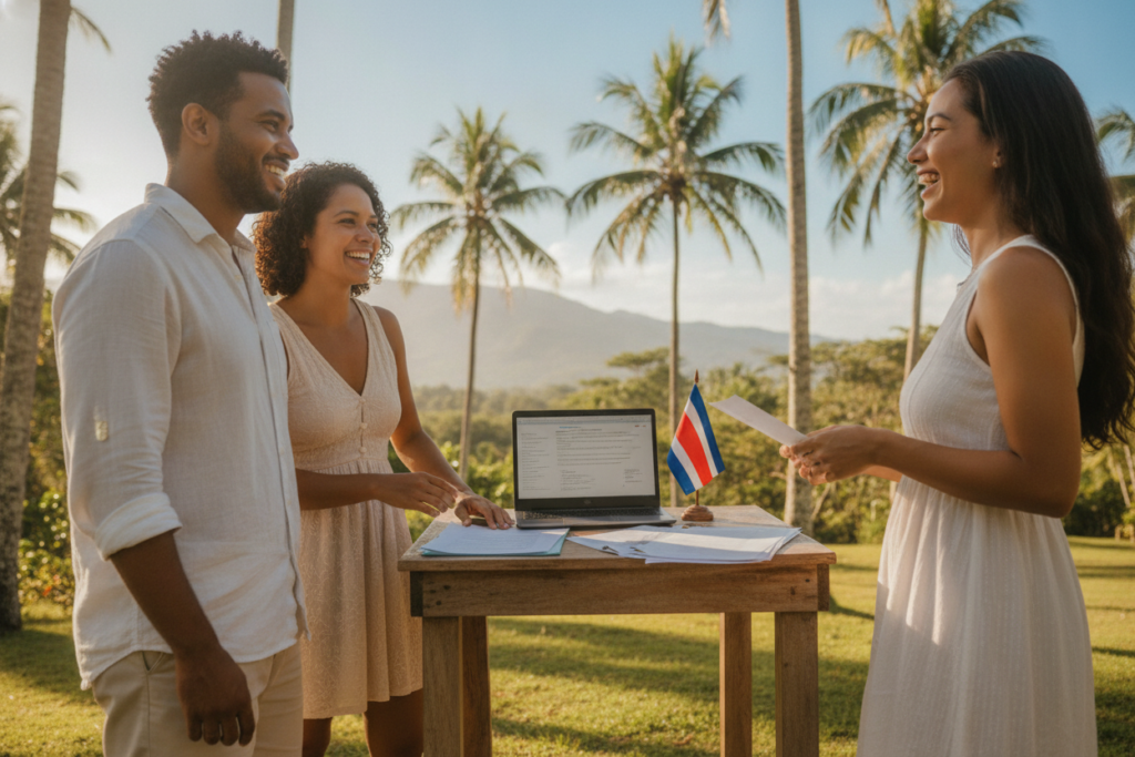 A vibrant, photorealistic scene depicting the investor residency process in Costa Rica. In the foreground, a diverse group of three individuals engaged in a friendly discussion, casually dressed in summer attire, with a close-up focus on their expressions of optimism. In the middle, a small table displays documents and a laptop, symbolizing the application process. The background features a lush tropical landscape with palm trees and a clear blue sky, emphasizing Costa Rica's natural beauty. Soft, natural lighting creates a warm and welcoming atmosphere, while a slight depth of field blurs the distant mountains, drawing attention to the human interaction at the forefront.