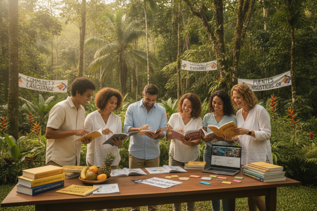 A vibrant, photorealistic scene illustrating "Addressing the Costa Rica Immigration Language Barrier: Essential Steps." In the foreground, a diverse group of individuals engaged in a friendly discussion, sharing language resources. They are casually dressed, reflecting the laid-back Costa Rican culture. In the middle ground, a table with language guides, dictionaries, and a laptop displaying translation apps. The background features a lush Costa Rican landscape with tropical plants and soft natural light filtering through trees, creating a warm and inviting atmosphere. The camera angle is slightly elevated, offering a comprehensive view of the interaction and the serene setting, emphasizing collaboration and community support.