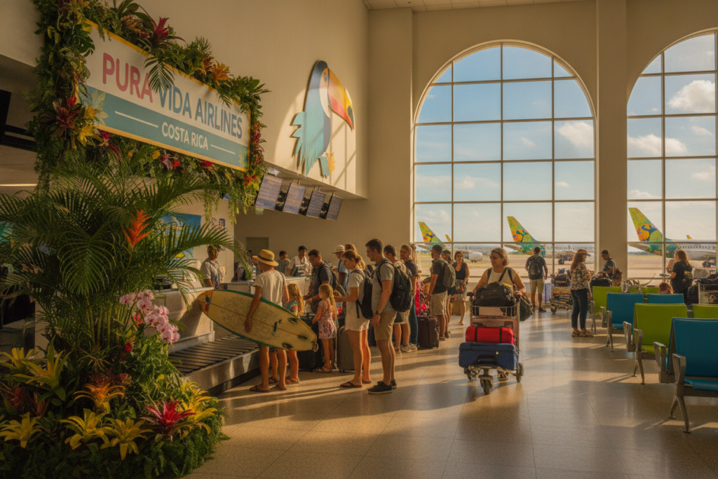 A vibrant, photorealistic scene illustrating an airport departure area in Costa Rica, showcasing travelers preparing for their journey. In the foreground, a diverse group of casually dressed travelers, including families and individuals of various ages, is checking in at a counter with bright, tropical decorations and plants symbolizing the local culture. The middle ground features a busy terminal with colorful signage, luggage trolleys, and travelers navigating through the space, all under warm, natural lighting coming from large windows. In the background, glimpses of planes ready for takeoff can be seen, framed against a blue sky. The atmosphere is lively and vibrant, capturing the excitement and anticipation of departure and arrival in a tropical setting. A vibrant, photorealistic scene illustrating an airport departure area in Costa Rica, showcasing travelers preparing for their journey. In the foreground, a diverse group of casually dressed travelers, including families and individuals of various ages, is checking in at a counter with bright, tropical decorations and plants symbolizing the local culture. The middle ground features a busy terminal with colorful signage, luggage trolleys, and travelers navigating through the space, all under warm, natural lighting coming from large windows. In the background, glimpses of planes ready for takeoff can be seen, framed against a blue sky. The atmosphere is lively and vibrant, capturing the excitement and anticipation of departure and arrival in a tropical setting.