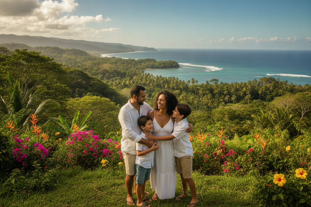 A vibrant, photorealistic scene of a family standing together on a lush green hillside in Costa Rica, overlooking the ocean and tropical forests. In the foreground, a diverse family of four—parents and two children—are dressed in casual, modest clothing, smiling and engaging with each other, conveying a sense of optimism and togetherness. In the middle ground, the gentle slope of the hillside is dotted with colorful flowers and tropical plants, leading to a panoramic view of the blue ocean sparkling under bright, natural sunlight. In the background, a clear blue sky with a few fluffy clouds adds to the serene atmosphere. The scene captures the essence of a successful relocation experience, filled with warmth, hope, and new beginnings.