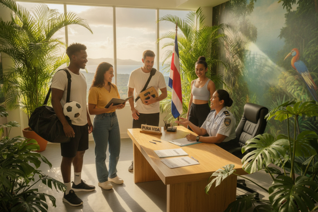 A vibrant, photorealistic scene of the Costa Rica residency process tailored for athletes and artists. In the foreground, a diverse group of individuals dressed in casual yet professional attire, including an athlete with sports gear and an artist with a sketchbook, are engaging in conversation with an immigration officer at a welcoming office adorned with tropical plants. The middle ground showcases clear documentation and forms on a wooden table, while a Costa Rican flag subtly decorates the background. The bright natural light filters through large windows, casting soft shadows that enhance a warm, inviting atmosphere. The overall mood conveys a sense of hope and opportunity, emphasizing the supportive nature of the immigration process in Costa Rica for creative professionals.