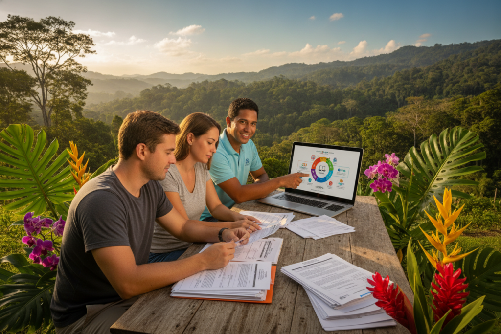 A vibrant, photorealistic scene set in Costa Rica, capturing a tranquil outdoor setting that symbolizes the residency application process. In the foreground, a casually dressed couple sits at a wooden table, reviewing residency documents with focused expressions. They are surrounded by lush tropical plants and colorful flowers. In the middle ground, a friendly local advisor gestures towards a computer screen, offering guidance on paperwork and requirements. The background features gentle hills and a clear blue sky, illuminated by warm, natural sunlight, creating an inviting atmosphere. The overall mood is one of optimism and support, emphasizing collaboration and the journey to securing residency in Costa Rica. The perspective is slightly angled, ensuring that all elements are clearly visible and harmonious.