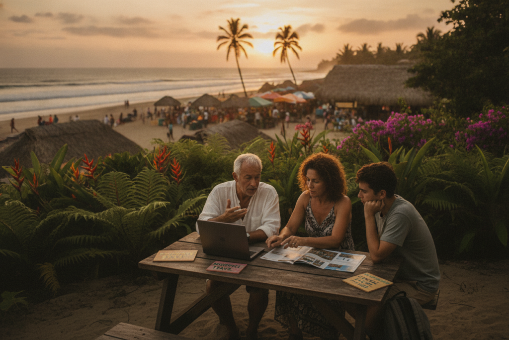 A vibrant, photorealistic scene set in Costa Rica showcasing a tropical landscape. In the foreground, a diverse group of three casually dressed individuals—an older man, a middle-aged woman, and a young adult—are engaged in a thoughtful conversation, with travel brochures and a laptop open on a picnic table. The middle ground includes lush green foliage, exotic flowers, and the distant outline of a colorful local market. In the background, a serene beach with gentle waves and palm trees swaying in the soft natural light of sunset creates a warm atmosphere. The image should convey a sense of contemplation and community, promoting awareness of the implications of overstaying while celebrating the beauty of Costa Rica. Use a wide-angle lens to capture the expansive scene and ensure a soft focus to enhance the mood.