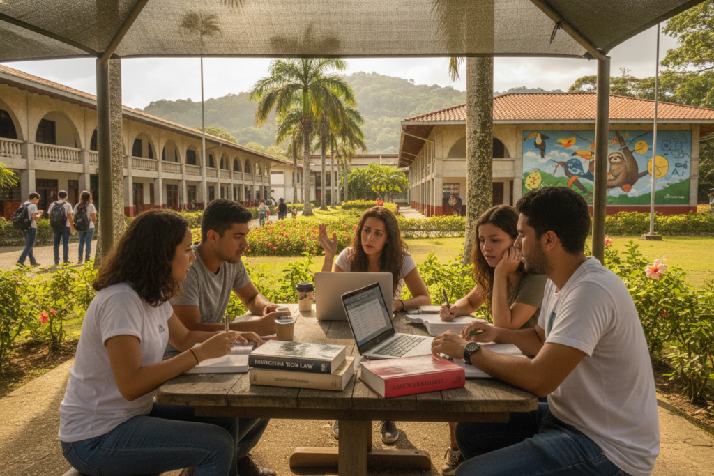 A vibrant, photorealistic scene showcasing a Costa Rican university campus with students engaged in study and discussion. In the foreground, a diverse group of students, dressed casually yet modestly, gather around a table filled with study materials, laptops, and colorful books, embodying a collaborative spirit. In the middle ground, the lush greenery of Costa Rica's landscapes is visible, with palm trees and flowering plants providing a tropical backdrop. The background features architecturally interesting buildings typical of Costa Rican educational institutions, accentuated by natural sunlight bathing the scene in a warm glow. Capture the atmosphere of enthusiasm and focus as the students navigate the complexities of student visa fees in an inviting and inspiring setting.
