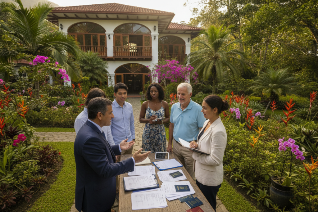 A vibrant, photorealistic scene showcasing a diverse group of professionals engaged in a discussion about Costa Rican residency paperwork in a lush garden setting. In the foreground, a middle-aged Costa Rican lawyer, dressed in a smart suit, points to a document while explaining nuances to a multicultural group of individuals, including a young woman in business casual attire and an older man in a light polo shirt. In the middle ground, tropical plants and colorful flowers bloom, symbolizing the rich culture. The background features a charming colonial-style building typical of Costa Rica architecture. The image is bathed in warm, natural light, creating a welcoming, collaborative atmosphere. Capture from a slightly elevated angle to include both the engaged faces of the professionals and the vibrant surroundings, ensuring a sense of depth and connection.