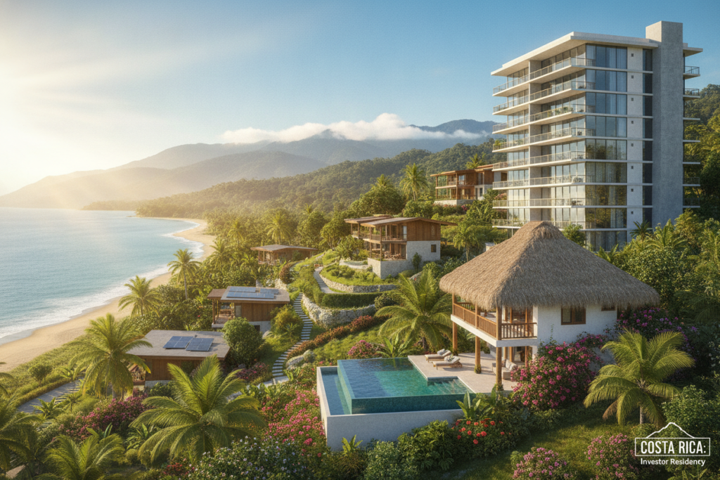 A vibrant, photorealistic scene showcasing diverse real estate options in Costa Rica for investor residency. In the foreground, depict a cozy beachside villa surrounded by tropical plants and a sparkling blue ocean. To the side, illustrate a modern high-rise condominium with large windows offering panoramic views. In the middle ground, include a lush hillside with eco-friendly homes and vibrant gardens, blending into the natural landscape. In the background, capture the iconic mountainous terrain and a clear blue sky illuminated by warm natural sunlight, creating a welcoming atmosphere. The scene evokes a sense of opportunity and tranquility, ideal for diverse investors seeking a unique residency.