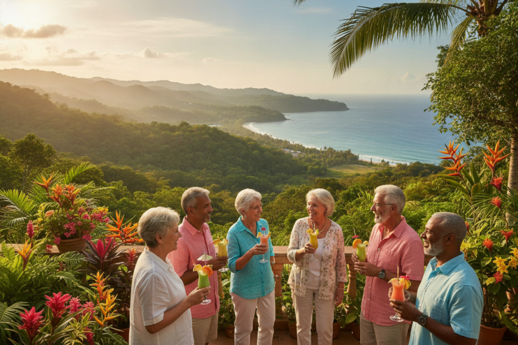 A vibrant, photorealistic scene showcasing the concept of enhanced global mobility through residency in Costa Rica. In the foreground, a diverse group of casually dressed individuals, including retirees enjoying their pensionado residency, are engaging in cheerful conversation over tropical drinks on a sunlit patio adorned with lush greenery and vibrant flowers. In the middle ground, picturesque views of Costa Rican landscapes are visible, featuring rolling hills and the stunning coastline. The background includes a clear blue sky with soft, warm sunlight filtering through palm trees, creating a relaxed and inviting atmosphere. The composition should evoke a sense of community, adventure, and fulfillment, capturing the essence of travel perks associated with residency in Costa Rica.