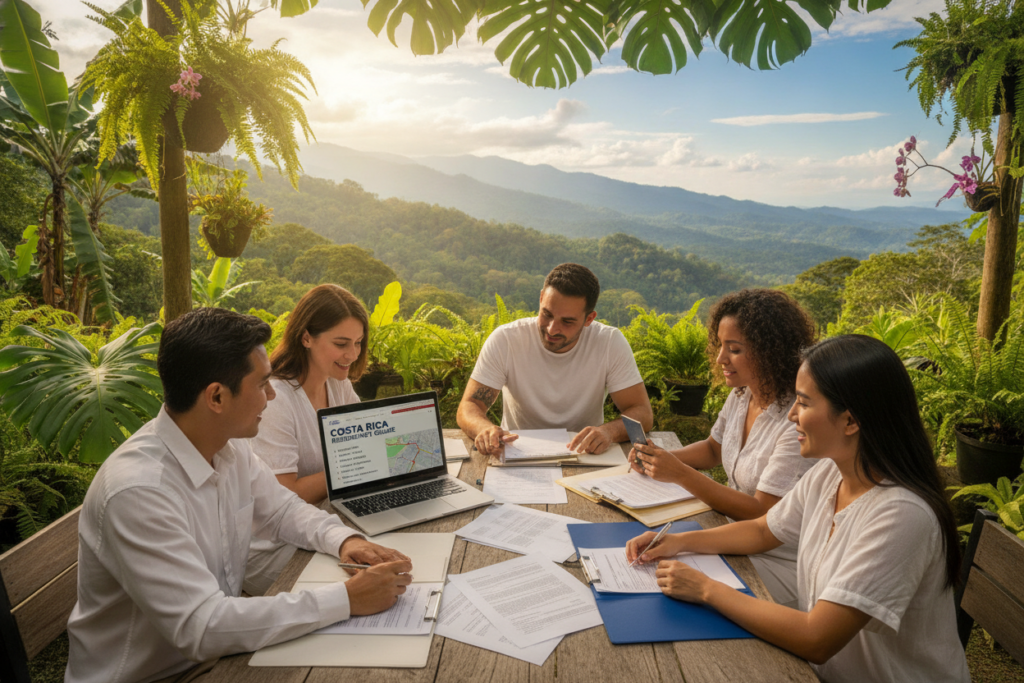 A vibrant, photorealistic scene showcasing the importance of legal residency in Costa Rica. In the foreground, a diverse group of casually dressed individuals discussing legal documents and residency applications at a table surrounded by lush tropical plants. The middle ground features an open laptop displaying information about Costa Rican residency requirements and border run procedures. In the background, a serene view of Costa Rica’s verdant hills and a clear blue sky reflects the country’s natural beauty. The lighting is warm and natural, suggesting an inviting atmosphere, with soft shadows enhancing the details. The composition captures a sense of community, collaboration, and the significance of understanding legal residency.