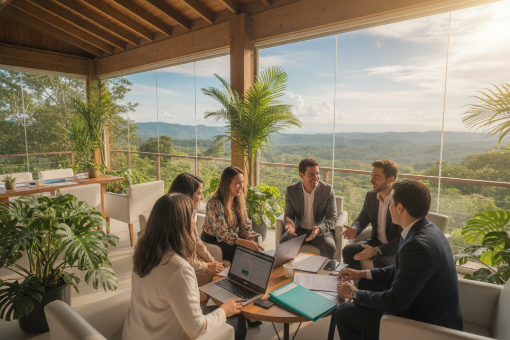 A vibrant scene capturing the essence of CRIE residency services in Costa Rica. In the foreground, a diverse group of professionals in smart business attire is engaged in a friendly discussion about residency applications, with documents and laptops on a small table. In the middle ground, lush tropical plants and a beautifully designed office space suggest a welcoming environment for expatriates. In the background, large windows reveal breathtaking views of Costa Rica’s picturesque landscape, featuring rolling hills and a bright blue sky filled with soft clouds. The lighting is natural and warm, creating an inviting atmosphere. The camera angle is slightly elevated to encompass the lively interaction and the stunning scenery, conveying a sense of hope and opportunity for those seeking residency in Costa Rica.