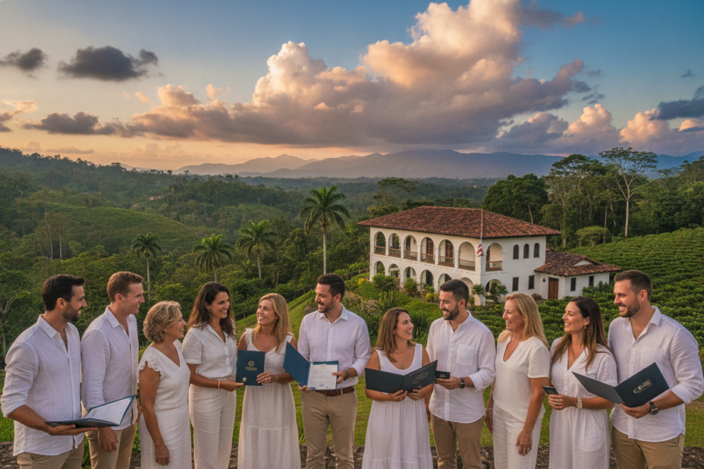 A vibrant scene capturing the essence of CRIE’s legacy in residency and immigration in Costa Rica. In the foreground, a diverse group of people, dressed in smart casual attire, engage in friendly discussion while holding official documents. In the middle ground, a picturesque Costa Rican landscape showcases lush greenery and a traditional colonial building featuring terracotta roofs, symbolizing the harmony of modern living and nature. The background reveals vibrant clouds against a bright blue sky, with the silhouette of mountains adding depth. Utilize soft, natural lighting to create a warm and inviting atmosphere, viewed from a slightly elevated angle to provide a comprehensive outlook of the scene, evoking a sense of opportunity and connection to the land.