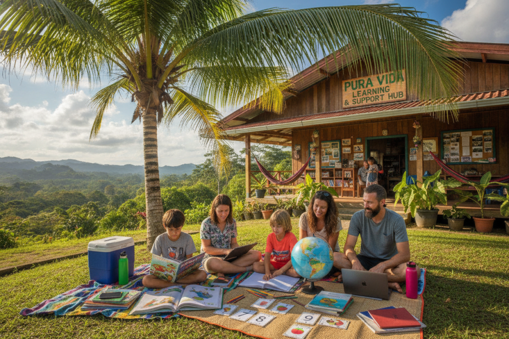 A vibrant scene capturing the essence of expat family life in Costa Rica, set in a lush, tropical environment. In the foreground, a diverse family is engaged in educational activities, with children studying under the shade of a palm tree, surrounded by colorful books and school supplies. The middle layer features a cozy community center or expat support group office, with cheerful decor highlighting local culture, providing a sense of belonging. In the background, iconic Costa Rican landscapes, such as rolling hills and blue skies, complete the picturesque view. The lighting is bright and inviting, symbolizing the warmth of the local community. Capture this moment using a wide-angle lens to emphasize the harmonious integration of education and nature, conveying a sense of optimism and support for expat families.