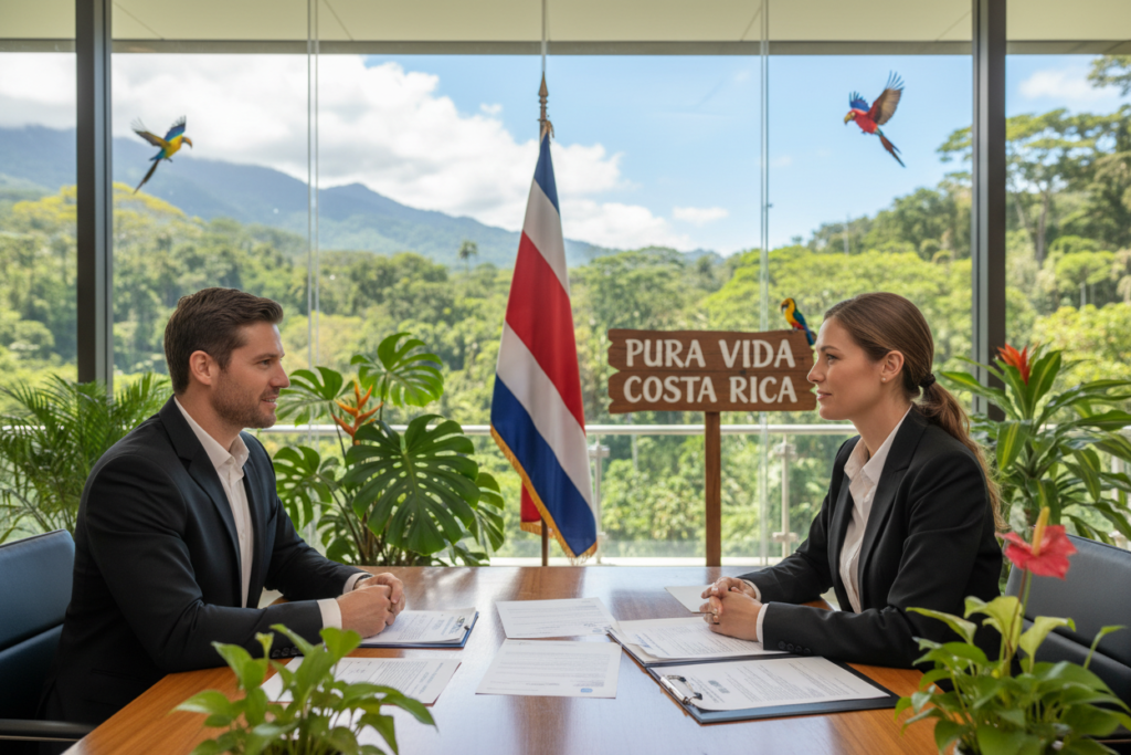 A vibrant scene depicting Costa Rica residency requirements, with a foreground featuring a confident Caucasian professional male and female team in business casual attire, discussing documents and forms on a stylish wooden table adorned with tropical plants. In the middle ground, a Costa Rican flag and a sign that reads "Pura Vida Costa Rica" can be seen, symbolizing the welcoming atmosphere. The background showcases a bright and airy office space with large windows revealing a sunny landscape filled with lush greenery and exotic birds, creating a sense of tranquility and opportunity. Soft, natural lighting enhances the scene, capturing the warmth and vibrancy of Costa Rica. The angle is slightly elevated, offering a comprehensive view of the interaction and the inviting environment. The mood is optimistic and professional, reflecting the aspirational journey of obtaining residency in Costa Rica.