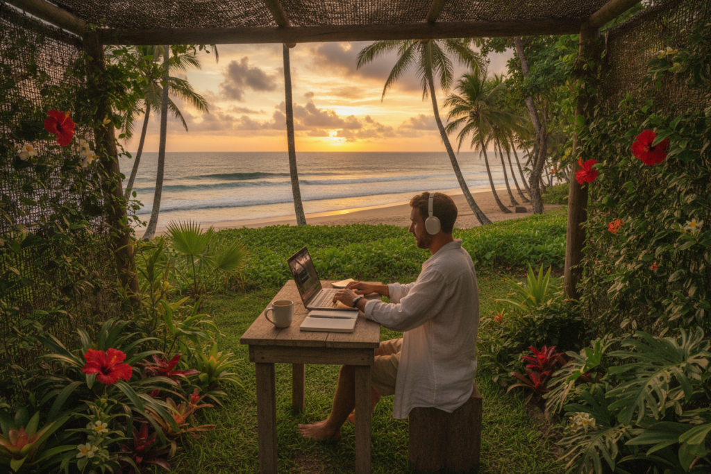 A vibrant scene depicting a digital nomad working on a laptop in a picturesque Costa Rican setting, surrounded by lush tropical greenery and colorful flowers. In the foreground, a casually dressed individual, exuding a relaxed yet focused demeanor, sits at a wooden outdoor table with a laptop open, showcasing the balance of work and leisure. In the middle, a breathtaking view of the coastline, with gentle waves lapping against the shore and palm trees swaying in the breeze. The background features a sunset with warm golden hues illuminating the sky, casting a serene glow over the landscape. The overall mood is tranquil and inspiring, capturing the essence of a modern residency path for digital nomads in Costa Rica, with natural lighting enhancing the beauty of the scene. A vibrant scene depicting a digital nomad working on a laptop in a picturesque Costa Rican setting, surrounded by lush tropical greenery and colorful flowers. In the foreground, a casually dressed individual, exuding a relaxed yet focused demeanor, sits at a wooden outdoor table with a laptop open, showcasing the balance of work and leisure. In the middle, a breathtaking view of the coastline, with gentle waves lapping against the shore and palm trees swaying in the breeze. The background features a sunset with warm golden hues illuminating the sky, casting a serene glow over the landscape. The overall mood is tranquil and inspiring, capturing the essence of a modern residency path for digital nomads in Costa Rica, with natural lighting enhancing the beauty of the scene.