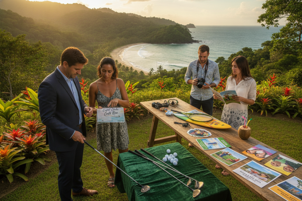 A vibrant scene depicting a diverse group of people thoughtfully discussing options while surrounded by lush Costa Rican flora. In the foreground, a person in professional business attire holds a golf club, pondering which one to choose, while another individual in modest casual clothing reviews brochures of local expat clubs. In the middle ground, a table is set with various equipment and pamphlets from different clubs, showcasing options for sports, social activities, and community engagement. The background features a beautiful view of green hills and a serene beach, bathed in warm, natural sunlight, creating an inviting and relaxed atmosphere. The composition captures a moment of contemplation and community, reflecting the positive energy of choosing the right club in this picturesque setting. A vibrant scene depicting a diverse group of people thoughtfully discussing options while surrounded by lush Costa Rican flora. In the foreground, a person in professional business attire holds a golf club, pondering which one to choose, while another individual in modest casual clothing reviews brochures of local expat clubs. In the middle ground, a table is set with various equipment and pamphlets from different clubs, showcasing options for sports, social activities, and community engagement. The background features a beautiful view of green hills and a serene beach, bathed in warm, natural sunlight, creating an inviting and relaxed atmosphere. The composition captures a moment of contemplation and community, reflecting the positive energy of choosing the right club in this picturesque setting.