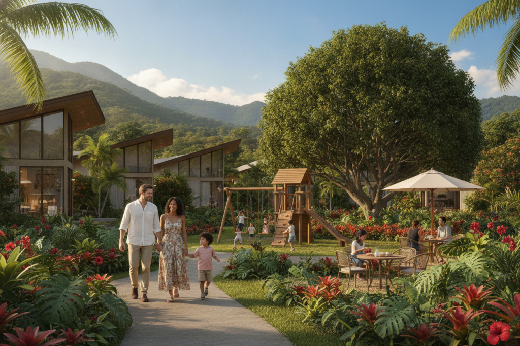 A vibrant scene depicting a family-friendly residential area in Costa Rica, showcasing modern homes with lush gardens and tropical vegetation. In the foreground, a diverse family of four—parents in smart casual attire, children in light summer clothing—explore their neighborhood, looking happy and engaged. In the middle ground, community amenities such as a small playground and a cozy café are visible, inviting a sense of community. The background features Costa Rica's iconic mountains under a bright blue sky, with soft, natural light illuminating the scene. The atmosphere is warm and welcoming, capturing the essence of targeted residency programs designed for families and individuals looking to settle in this beautiful country. Aim for a photorealistic style with rich colors and clear details.