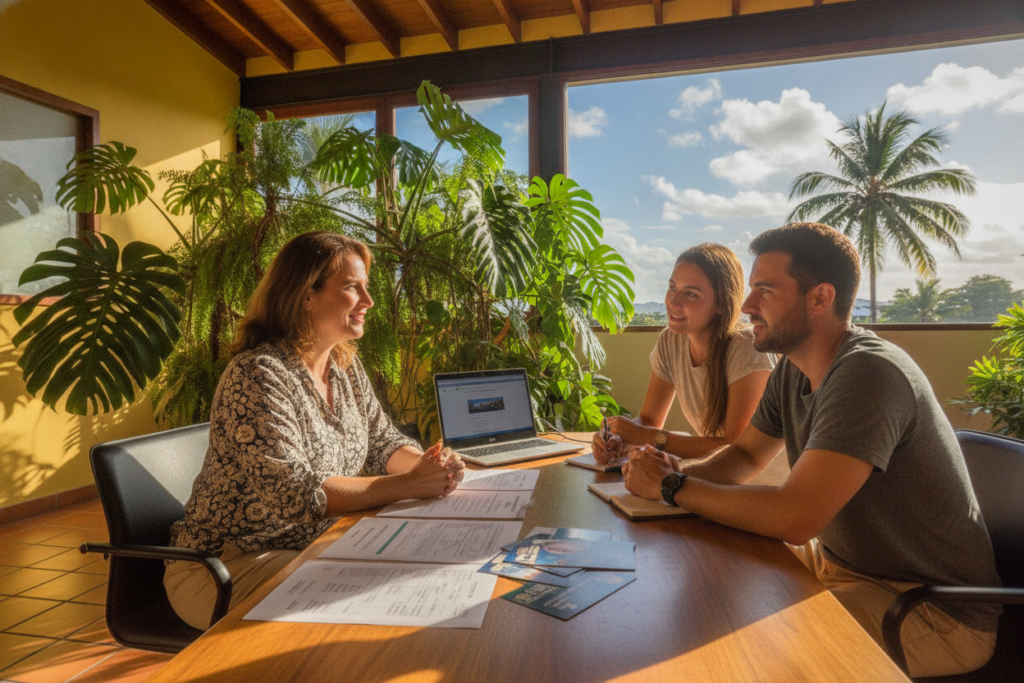 A vibrant scene depicting a friendly, professional advisor at CRIE (Centro de Registro e Identificación de Extranjeros) assisting a couple exploring residency options in Costa Rica. In the foreground, the advisor, a middle-aged woman in modest casual clothing, sits at a desk with immigration forms and brochures spread out. The couple, appearing engaged and hopeful, listens attentively. In the middle ground, lush green tropical plants provide a serene backdrop, blending with the vibrant architecture of a Costa Rican office. The background showcases a sunny day outside, with blue skies and palm trees swaying gently. The image captures the warmth and welcoming atmosphere of the immigration process. The lighting is soft, replicating natural afternoon sunlight, enhancing the inviting mood of the scene.