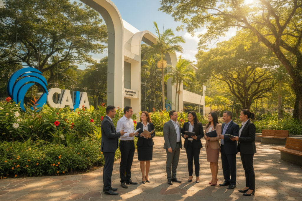 A vibrant scene depicting a professional gathering outside a modern CAJA (Costa Rican Social Security) office in Costa Rica. In the foreground, a diverse group of individuals dressed in professional business attire are engaged in conversation, showcasing a sense of community and collaboration. In the middle, the sleek architecture of the CAJA building reflects Costa Rica's beautiful tropical surroundings, with lush greenery and blooming flowers. In the background, soft, natural light filters through the trees, creating a warm and inviting atmosphere. The scene captures the importance of social security and its role in supporting residency, evoking a sense of hope and security for residents in a harmonious Costa Rican setting. The image should be photorealistic with a focus on bright, positive tones, emphasizing the connection between community and social services.