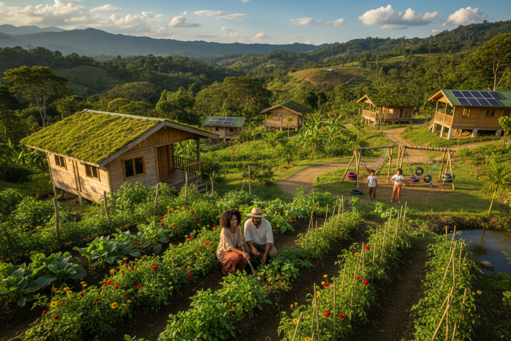 A vibrant scene depicting sustainable living in Costa Rica, featuring a picturesque village nestled in lush green hills filled with tropical plants and colorful flowers. In the foreground, a modest wooden cabin with a green roof surrounded by a small organic garden showcasing vegetables and herbs, where a diverse couple in casual attire tend to their plants. In the middle ground, the couple’s children are playing in a natural play area made of recycled materials. The background reveals a breathtaking landscape of rolling hills, dense rainforests, and distant mountains under a clear blue sky. Soft, warm natural light bathes the scene, creating an inviting and peaceful atmosphere that captures the essence of a sustainable lifestyle in harmony with nature. The image is shot with a wide-angle lens to emphasize the beauty of the surroundings and the connection to the environment.