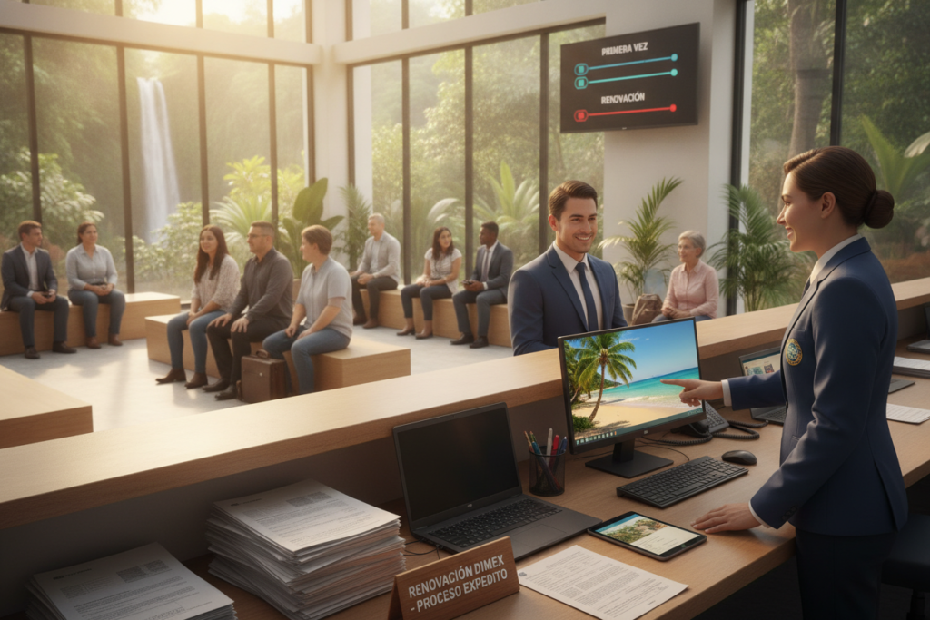 A vibrant scene depicting the DIMEX renewal process in Costa Rica, showing a professional individual dressed in business attire interacting with a friendly government official at a bright and welcoming immigration office. In the foreground, a desk with neatly organized paperwork and a computer displaying a serene Costa Rican landscape. The middle ground features a small group of diverse people, including families and professionals, engaged in discussions while waiting. The background showcases lush greenery through large windows, with warm, natural light illuminating the room. The atmosphere is calm and efficient, reflecting positivity and a sense of community, emphasizing the distinction between renewal and first-time issuance processes.