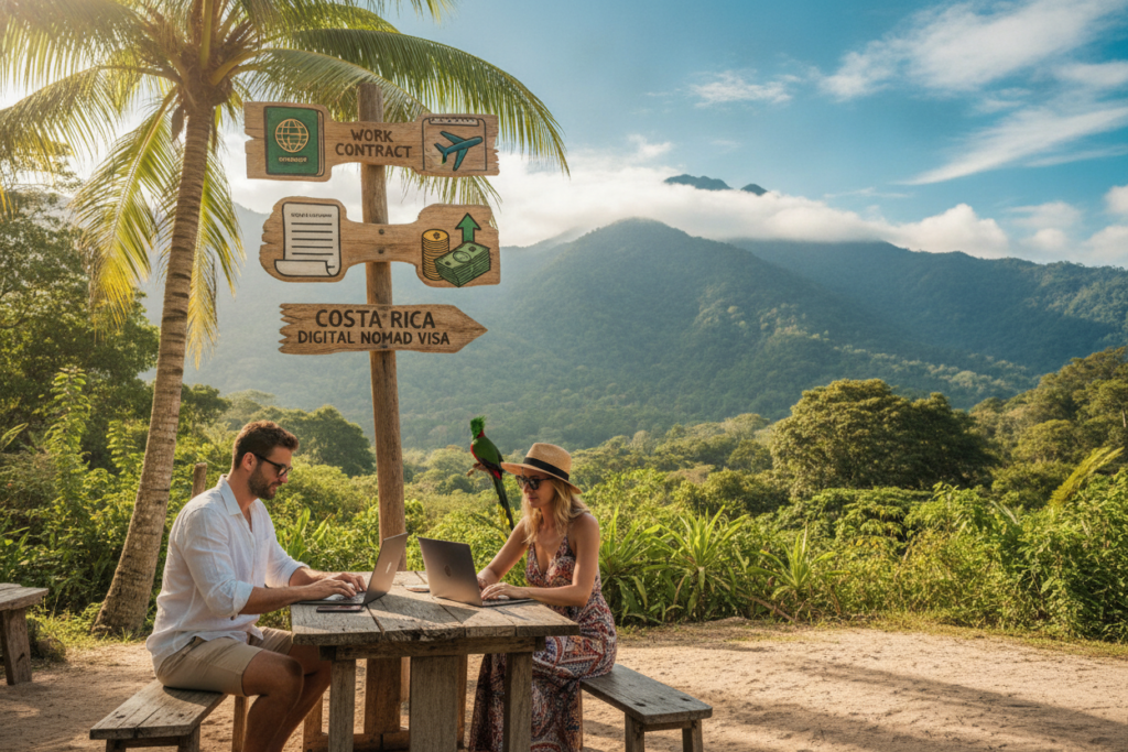 A vibrant scene depicting the essence of Costa Rica's Digital Nomad Visa Requirements. In the foreground, a young professional couple is seated at a rustic wooden outdoor table with laptops, showcasing their casual yet polished attire, immersed in work against a stunning tropical backdrop. In the middle ground, there's a signpost with icons representing essential visa documents, like passports, work contracts, and proof of income, artfully arranged. The background features lush green mountains and a bright blue sky, capturing the natural beauty of Costa Rica. Soft, natural light streams through the scene, creating a warm and inviting atmosphere. The overall mood is one of productivity and adventure, reflecting the lifestyle of digital nomads in this enchanting country. A vibrant scene depicting the essence of Costa Rica's Digital Nomad Visa Requirements. In the foreground, a young professional couple is seated at a rustic wooden outdoor table with laptops, showcasing their casual yet polished attire, immersed in work against a stunning tropical backdrop. In the middle ground, there's a signpost with icons representing essential visa documents, like passports, work contracts, and proof of income, artfully arranged. The background features lush green mountains and a bright blue sky, capturing the natural beauty of Costa Rica. Soft, natural light streams through the scene, creating a warm and inviting atmosphere. The overall mood is one of productivity and adventure, reflecting the lifestyle of digital nomads in this enchanting country.
