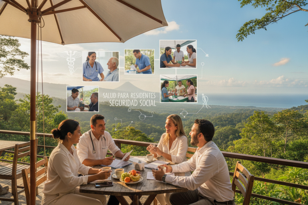 A vibrant scene depicting the impact of residency on healthcare in Costa Rica. In the foreground, a group of diverse professionals in business attire discussing healthcare policies over a table in a sunny outdoor cafe. In the middle, a blend of images showcasing medical professionals interacting with patients, highlighting the accessibility of healthcare for residents. In the background, picturesque Costa Rican landscapes with lush greenery and a clear blue sky, symbolizing the beauty of the country. The lighting should be warm and natural, creating a welcoming atmosphere. Use a wide-angle lens to capture the setting, emphasizing the connection between residency and social security in healthcare. The mood is optimistic and collaborative, showcasing community engagement in health services.