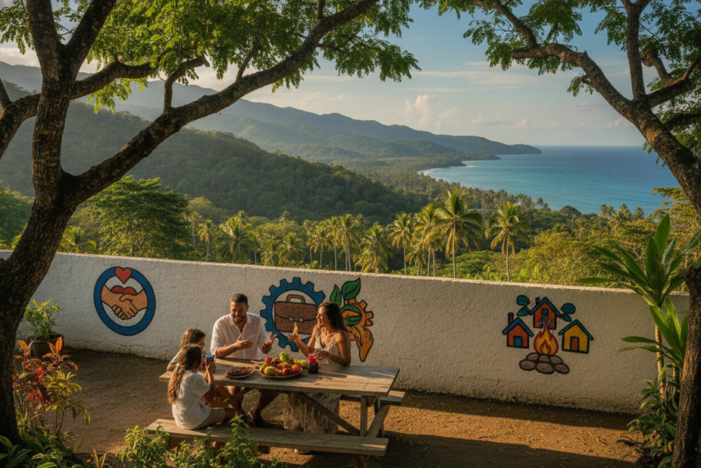 A vibrant scene depicting various residency categories for families in Costa Rica. In the foreground, a casually dressed family with diverse backgrounds, enjoying a discussion at a picnic table surrounded by greenery. The middle ground showcases symbols of different residency categories, such as icons representing family unity, work opportunities, and community living, artistically integrated into a colorful mural on a nearby wall. The background features a picturesque Costa Rican landscape with lush mountains, palm trees, and the ocean in the distance, illuminated by warm, natural sunlight. Capture the essence of family togetherness and the welcoming atmosphere of Costa Rica, evoking a sense of hope and opportunity. Use a slightly elevated angle to embrace the full landscape, enhancing the sense of depth and connection to the environment.