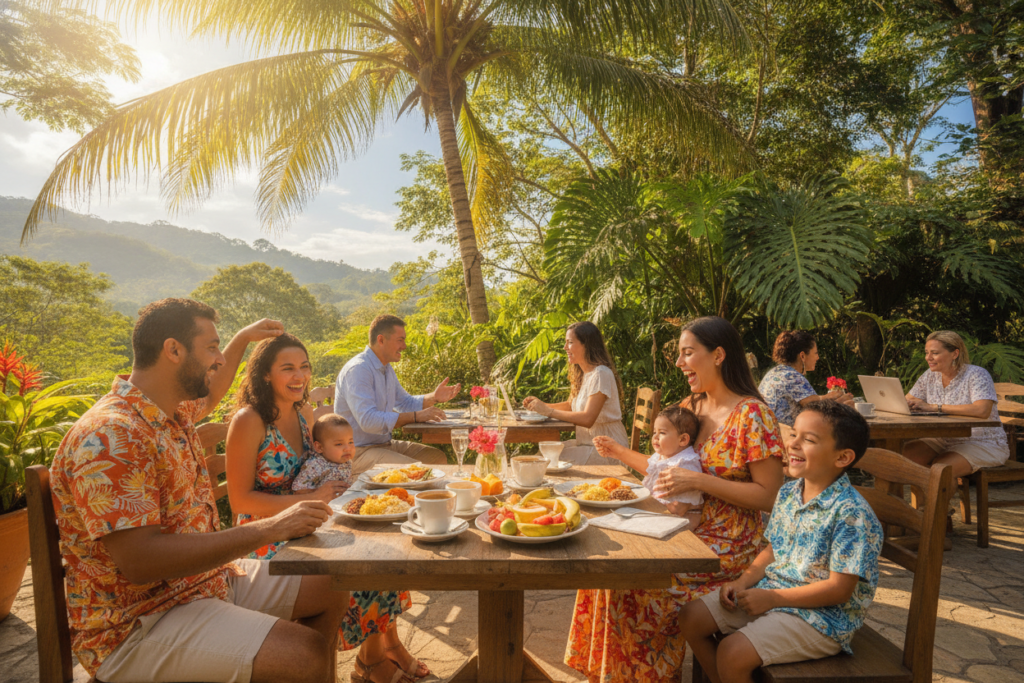 A vibrant scene depicting work and family life in Costa Rica, featuring a warm, sunlit outdoor café bustling with activity. In the foreground, a casually dressed family of four shares a meal at a wooden table, laughing and enjoying each other's company, each member wearing colorful, comfortable clothing. The middle ground showcases local professionals interacting with clients at nearby tables, all conveying a sense of community and casual professionalism. Lush greenery with tropical plants and trees forms the background, with the iconic Costa Rican landscape under a bright blue sky. The lighting is natural and soft, enhancing the cheerful atmosphere. Capture this scene from a slight low angle to emphasize the life and vibrancy of both work and home in a harmonious Costa Rican setting. A vibrant scene depicting work and family life in Costa Rica, featuring a warm, sunlit outdoor café bustling with activity. In the foreground, a casually dressed family of four shares a meal at a wooden table, laughing and enjoying each other's company, each member wearing colorful, comfortable clothing. The middle ground showcases local professionals interacting with clients at nearby tables, all conveying a sense of community and casual professionalism. Lush greenery with tropical plants and trees forms the background, with the iconic Costa Rican landscape under a bright blue sky. The lighting is natural and soft, enhancing the cheerful atmosphere. Capture this scene from a slight low angle to emphasize the life and vibrancy of both work and home in a harmonious Costa Rican setting.