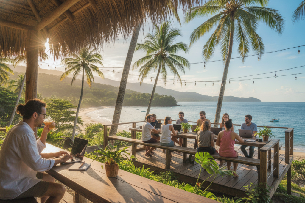 A vibrant scene illustrating the benefits of the Digital Nomad Visa in Costa Rica. In the foreground, a relaxed digital nomad, casually dressed in comfortable clothing, works on a laptop at a beachside café with palm trees swaying gently in the breeze. The middle ground features a diverse group of remote workers enjoying a collaborative workspace with laptops, coffee cups, and tropical plants, showcasing community and productivity. In the background, a stunning view of Costa Rica's coastline with lush greenery and blue skies, enhanced by natural sunlight that gives a warm, inviting glow. The atmosphere is serene yet inspiring, capturing the essence of work-life balance in a beautiful tropical setting.