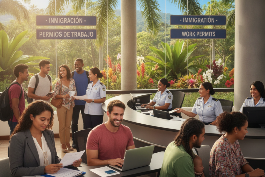 A vibrant scene illustrating the process of navigating Costa Rica's immigration system seamlessly. In the foreground, a diverse group of casually dressed individuals, including a professional-looking woman consulting paperwork and a man smiling while using a laptop, represent various cultures. The middle ground features a welcoming immigration office with clear signage and friendly staff assisting visitors. In the background, lush tropical greenery typical of Costa Rica's environment, such as palm trees and colorful flowers, enhances the atmosphere. The lighting is natural and bright, capturing the warmth of the Costa Rican sun, while the perspective is slightly angled to create depth, inviting viewers into the scene. The mood is hopeful and reassuring, reflecting the journey towards securing a work permit.