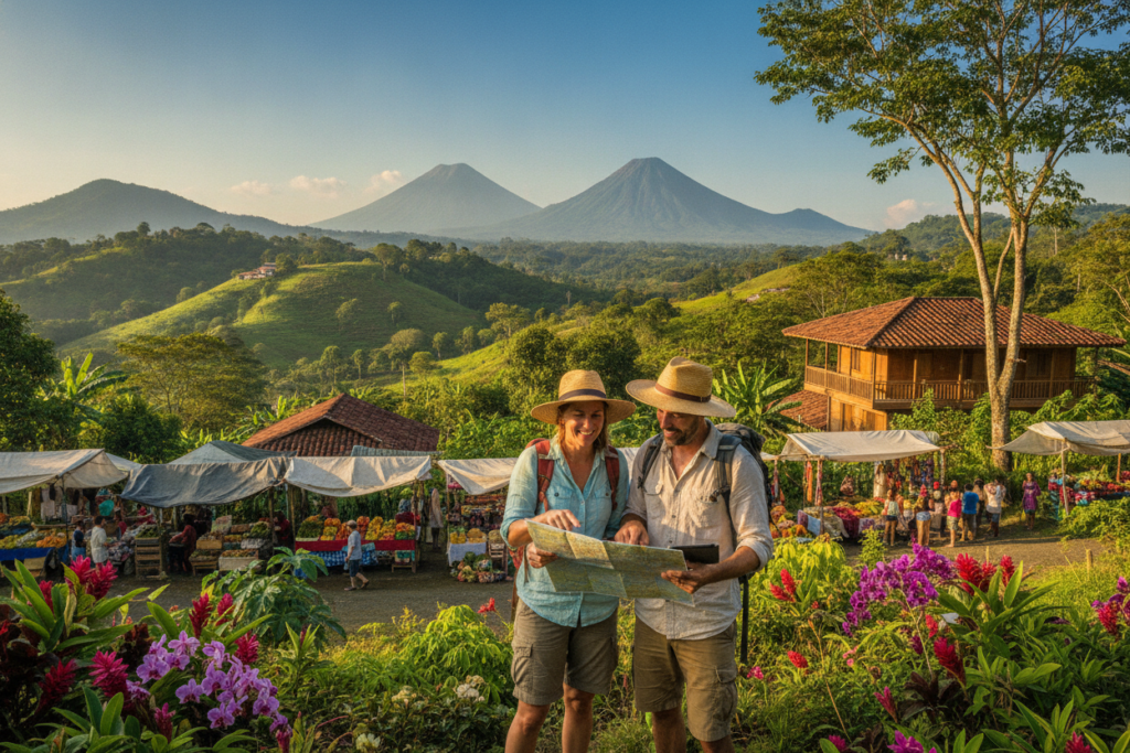A vibrant scene of a serene Costa Rican landscape, showcasing lush green hills and a clear blue sky. In the foreground, a casually dressed couple, embodying a U.S. expatriate vibe, is discussing tips while examining a map of Costa Rica. They are surrounded by tropical plants and flowers, reflecting the rich biodiversity of the region. In the middle ground, colorful local markets and traditional wooden houses can be seen, hinting at the culture and community spirit. The background features distant volcanoes softly covered in mist, evoking a sense of tranquility and adventure. The lighting is natural and warm, suggesting a sunny day, enhancing the welcoming atmosphere. The image conveys a sense of excitement and optimism for new beginnings.
