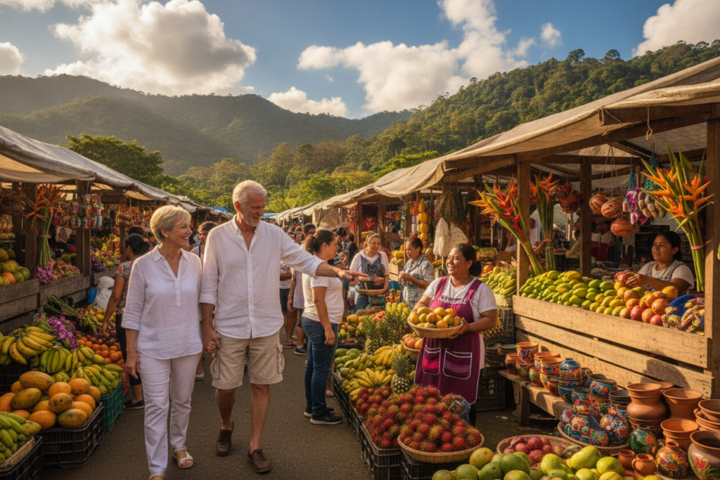 A vibrant scene of everyday life in San José, Costa Rica. In the foreground, a couple of senior retirees casually strolling through a lively local market, smiling and engaging with friendly vendors selling fresh fruits and handmade crafts. The middle ground features colorful stalls adorned with tropical flowers and artisan goods, showcasing the essence of Costa Rican culture. In the background, lush green hills under a bright blue sky and fluffy white clouds, adding a serene touch to the bustling atmosphere. The lighting is warm and natural, typical of a sunny day, enhancing the cheerful mood. Capture this scene with a wide-angle lens to convey the richness of San José's daily life, focusing on the interactions and vibrant colors without any distractions or text elements.