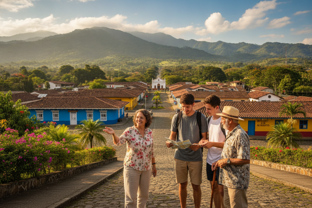 A vibrant scene representing "Living as a Costa Rican Resident: Rights and Responsibilities." In the foreground, a diverse group of residents, including a middle-aged woman with a warm smile, a young couple consulting a guidebook, and an elderly man with a cane, all dressed in modest, casual clothing. The middle ground features a picturesque Costa Rican town with colorful houses, lush greenery, and a clear blue sky. In the background, majestic mountains rise, hinting at biodiversity. Soft, natural light bathes the scene, creating a relaxed, welcoming atmosphere. The composition is balanced, emphasizing community and harmony, while maintaining a crisp, photorealistic quality with a focus on the vibrant colors of Costa Rican culture. A vibrant scene representing "Living as a Costa Rican Resident: Rights and Responsibilities." In the foreground, a diverse group of residents, including a middle-aged woman with a warm smile, a young couple consulting a guidebook, and an elderly man with a cane, all dressed in modest, casual clothing. The middle ground features a picturesque Costa Rican town with colorful houses, lush greenery, and a clear blue sky. In the background, majestic mountains rise, hinting at biodiversity. Soft, natural light bathes the scene, creating a relaxed, welcoming atmosphere. The composition is balanced, emphasizing community and harmony, while maintaining a crisp, photorealistic quality with a focus on the vibrant colors of Costa Rican culture.