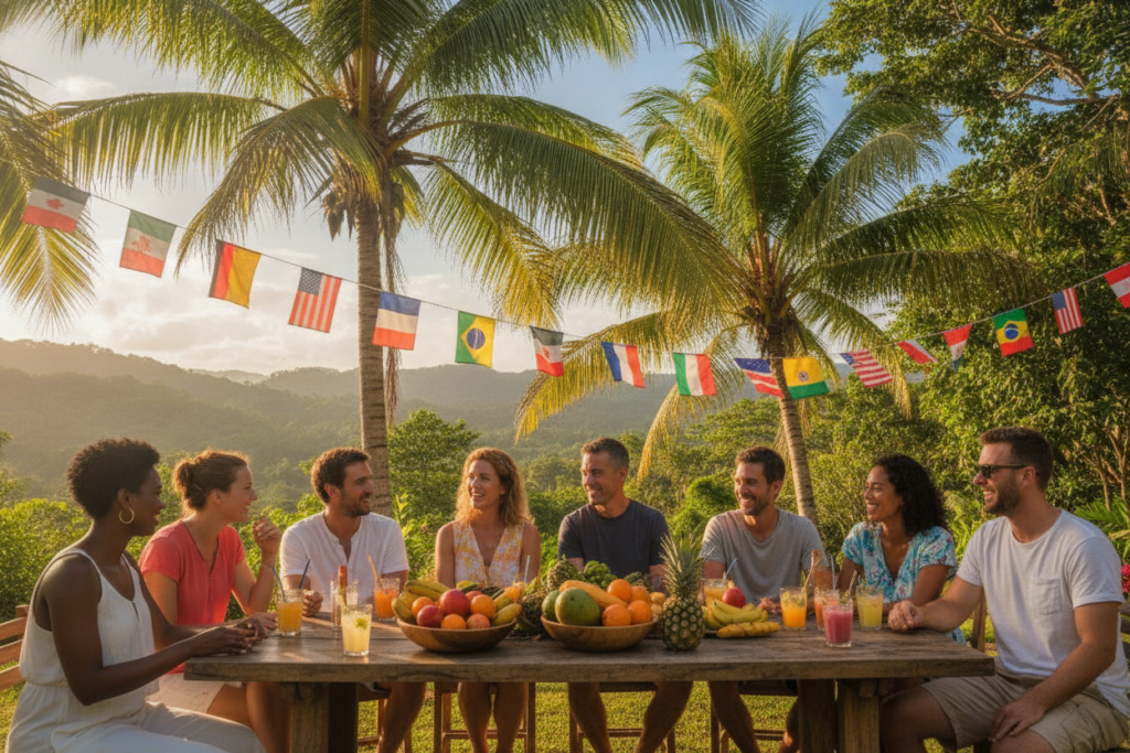 A vibrant scene showcasing a gathering of diverse expats in a lush, tropical setting in Costa Rica. In the foreground, a group of individuals from various cultural backgrounds converses and laughs while enjoying refreshments at a rustic wooden table adorned with fresh fruit and drinks. In the middle ground, glimpses of colorful banners representing different countries add a festive touch, while a few palm trees sway gently in the breeze. The background features a picturesque landscape of rolling hills and dense greenery, with a brilliant blue sky illuminated by warm, natural sunlight. The overall mood is friendly and welcoming, capturing the essence of community among expats in Costa Rica. A vibrant scene showcasing a gathering of diverse expats in a lush, tropical setting in Costa Rica. In the foreground, a group of individuals from various cultural backgrounds converses and laughs while enjoying refreshments at a rustic wooden table adorned with fresh fruit and drinks. In the middle ground, glimpses of colorful banners representing different countries add a festive touch, while a few palm trees sway gently in the breeze. The background features a picturesque landscape of rolling hills and dense greenery, with a brilliant blue sky illuminated by warm, natural sunlight. The overall mood is friendly and welcoming, capturing the essence of community among expats in Costa Rica.
