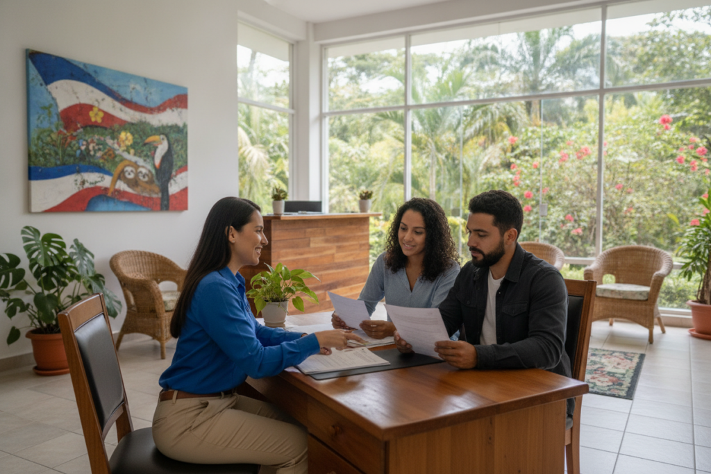 A vibrant scene showcasing the CRIE support office in Costa Rica, designed to facilitate residency renewal. In the foreground, a friendly professional woman in smart casual attire is assisting a couple of diverse individuals, who are holding documents and looking engaged. The midground features a welcoming reception area with Costa Rican decor, including tropical plants and colorful artwork representing the culture. In the background, large windows let in natural light, illuminating the space and offering a glimpse of lush greenery outside. The atmosphere is warm and inviting, creating a sense of ease and support for those navigating the residency renewal process in Costa Rica. The image is captured with a slight depth of field, emphasizing the interpersonal interactions while lending a serene quality to the environment.