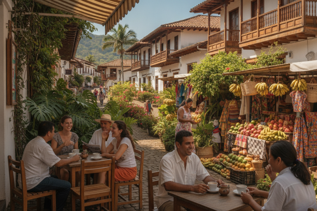 A vibrant street scene in Costa Rica, capturing the essence of daily life. In the foreground, a diverse group of individuals in modest, casual clothing—some enjoying coffee at a rustic outdoor café, others engaging in conversation. The middle ground features lush tropical plants and colorful local vendors selling fresh fruits and handmade crafts. In the background, picturesque colonial-style buildings with terracotta roofs set against a clear blue sky. The lighting is warm and natural, evoking a relaxed atmosphere of a sunny afternoon. The composition is framed from a slightly elevated angle, inviting the viewer into this lively, welcoming setting, showcasing the charm and culture of settling into life in Costa Rica.