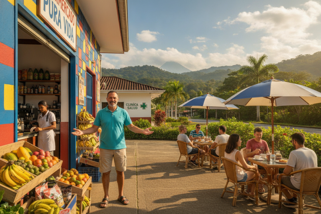 A vibrant street scene in a Costa Rican town showcasing local services and amenities. In the foreground, a friendly local shopkeeper stands outside a colorful grocery store, wearing a neat polo shirt and a smile. The middle ground features a cozy café with outdoor seating, people enjoying coffee and pastries under shaded umbrellas. To the left, a small clinic is visible, lending a sense of community care. The background displays lush green hills and blue skies typical of Costa Rica's landscape. Natural sunlight bathes the scene, creating a warm, inviting atmosphere. Capture this scene with a wide-angle lens to emphasize the diversity of services available, ensuring the image is photorealistic and devoid of text or any distractions. A vibrant street scene in a Costa Rican town showcasing local services and amenities. In the foreground, a friendly local shopkeeper stands outside a colorful grocery store, wearing a neat polo shirt and a smile. The middle ground features a cozy café with outdoor seating, people enjoying coffee and pastries under shaded umbrellas. To the left, a small clinic is visible, lending a sense of community care. The background displays lush green hills and blue skies typical of Costa Rica's landscape. Natural sunlight bathes the scene, creating a warm, inviting atmosphere. Capture this scene with a wide-angle lens to emphasize the diversity of services available, ensuring the image is photorealistic and devoid of text or any distractions.