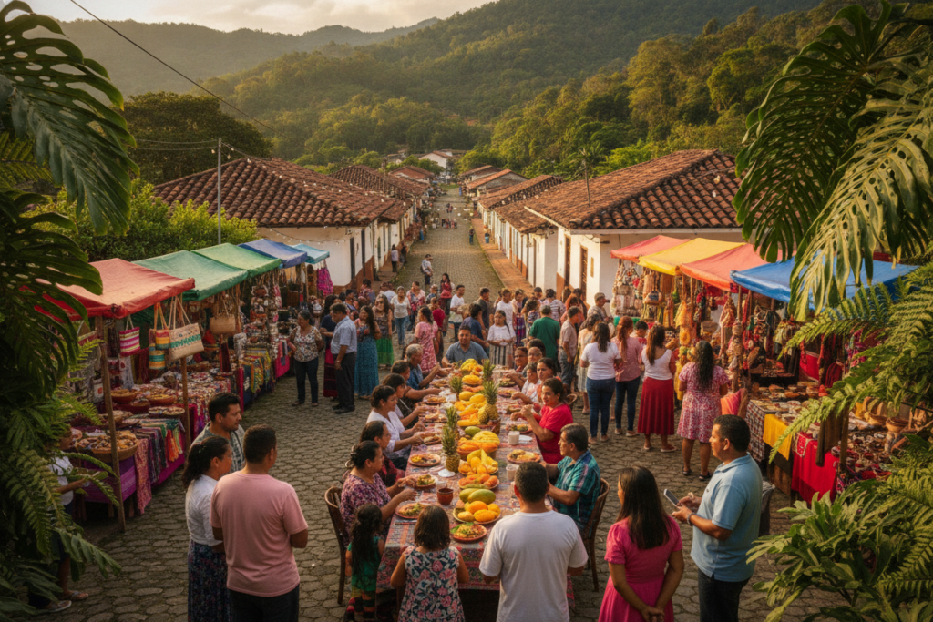 A vibrant street scene in a small Costa Rican town, showcasing cultural immersion and community engagement. In the foreground, a diverse group of individuals in modest casual clothing engages in conversation, surrounded by colorful artisan market stalls selling handcrafted goods. In the middle, local families gather, sharing traditional Costa Rican dishes at a communal table, with plates of gallo pinto and fresh fruit. Lush tropical foliage is visible, framing the scene and adding depth. The background features the iconic green hills and distinctive architecture typical of Costa Rican towns, bathed in warm, natural sunlight. The overall mood is lively and inviting, reflecting the richness of local customs and traditions, captured from a slightly elevated angle to emphasize connection and community.