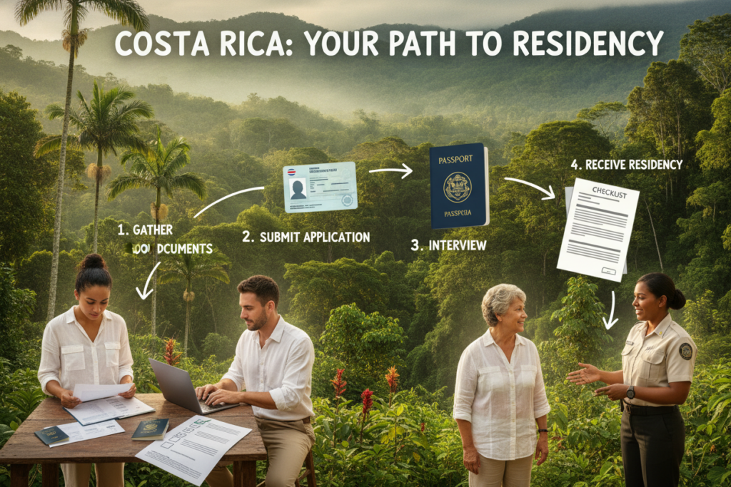 A visual guide to the step-by-step immigration process in Costa Rica, depicting a scenic Costa Rican landscape as the background, highlighting lush greenery and tropical plants under natural sunlight. In the foreground, a diverse group of individuals, casually dressed, engage in activities representing different stages of the application process: one person reviewing documents, another filling out forms at a laptop, and a third consulting with a friendly immigration officer. The middle layer includes a clear depiction of essential documents like passports, residency forms, and checklists. The atmosphere is professional yet inviting, conveying a sense of hope and opportunity for new residents. The overall image has a warm, uplifting mood, symbolizing the journey of immigration.