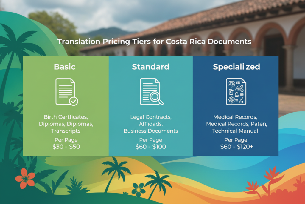 A visually appealing infographic showcasing "Translation Pricing Tiers for Costa Rica Documents," divided into three distinct sections: Basic, Standard, and Specialized. In the foreground, illustrated icons represent each tier, such as a simple document for Basic, a document with a magnifying glass for Standard, and a document featuring complex symbols for Specialized. The middle layer highlights a colorful gradient background reflecting Costa Rican scenery, like lush green landscapes and tropical flora, creating a welcoming atmosphere. Natural lighting enhances the vibrancy of the colors. The background features soft, blurred details of Costa Rican architecture, such as colonial-style buildings, creating a professional yet approachable setting for the information. The overall mood is informative and engaging, designed to attract readers' attention while clearly conveying the tiered pricing concept.