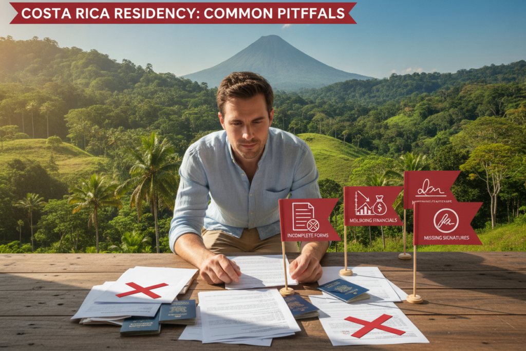 A visually engaging collage representing common pitfalls in the Costa Rica residency application process. In the foreground, a professional-looking person casually dressed, examining a stack of documents with a perplexed expression. In the middle ground, a table filled with red flags symbolizing common mistakes: incomplete forms, misleading financial statements, and missing signatures. The background depicts a serene Costa Rican landscape, showcasing lush green hills and a bright blue sky, emphasizing the contrast between the stressful application process and the beauty of the country. Natural sunlight streams in, casting soft shadows, creating a calm yet focused atmosphere. The overall mood conveys the importance of awareness and preparation in navigating the residency application successfully.