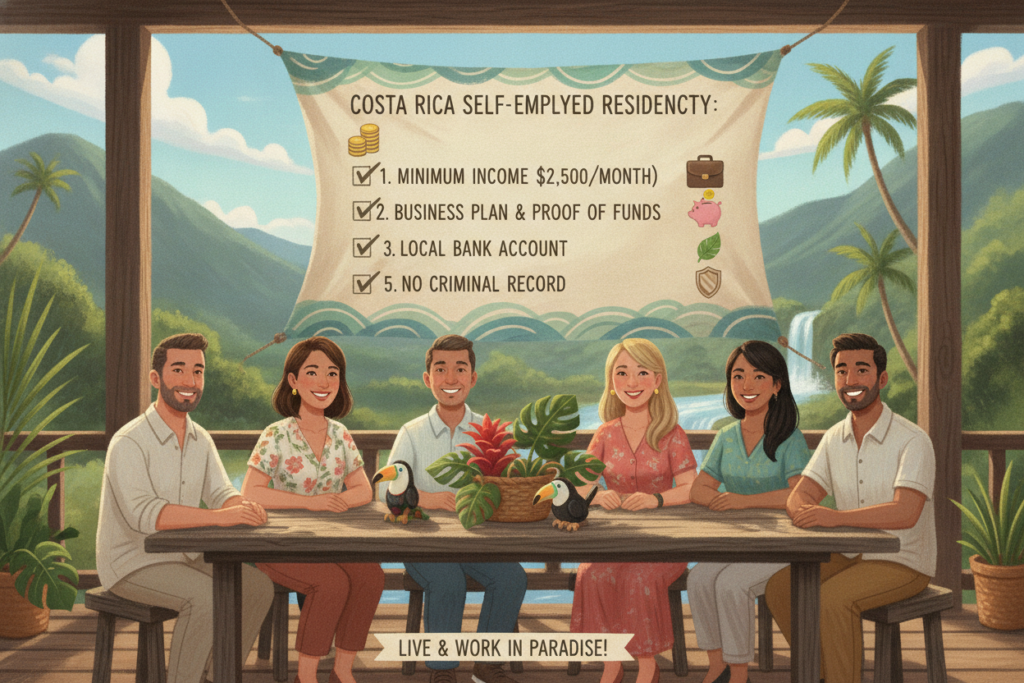 A visually engaging illustration depicting the key eligibility criteria for self-employed residency in Costa Rica. In the foreground, a diverse group of individuals, dressed in casual yet professional attire, gather around a rustic wooden table adorned with tropical plants and Costa Rican artifacts. In the middle ground, an informative checklist with key points such as "Minimum Income," "Business Plan," and "Local Bank Account" are artistically integrated into the scene, surrounded by vibrant colors and natural elements. The background features a sunny Costa Rican landscape with palm trees, mountains, and a clear blue sky, creating an inviting atmosphere. The lighting is bright and natural, capturing the essence of the idyllic Costa Rican environment. The overall mood is inspiring and hopeful, encouraging self-employment in this beautiful country.